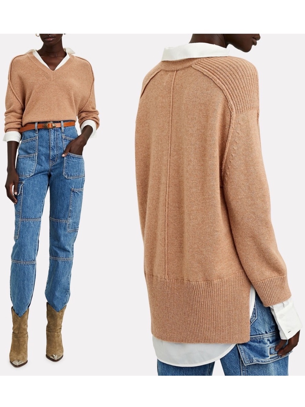 Brochu Walker The Looker Layered V Neck Wool Cashmere Camel Brown Sweater size S - Picture 2 of 16